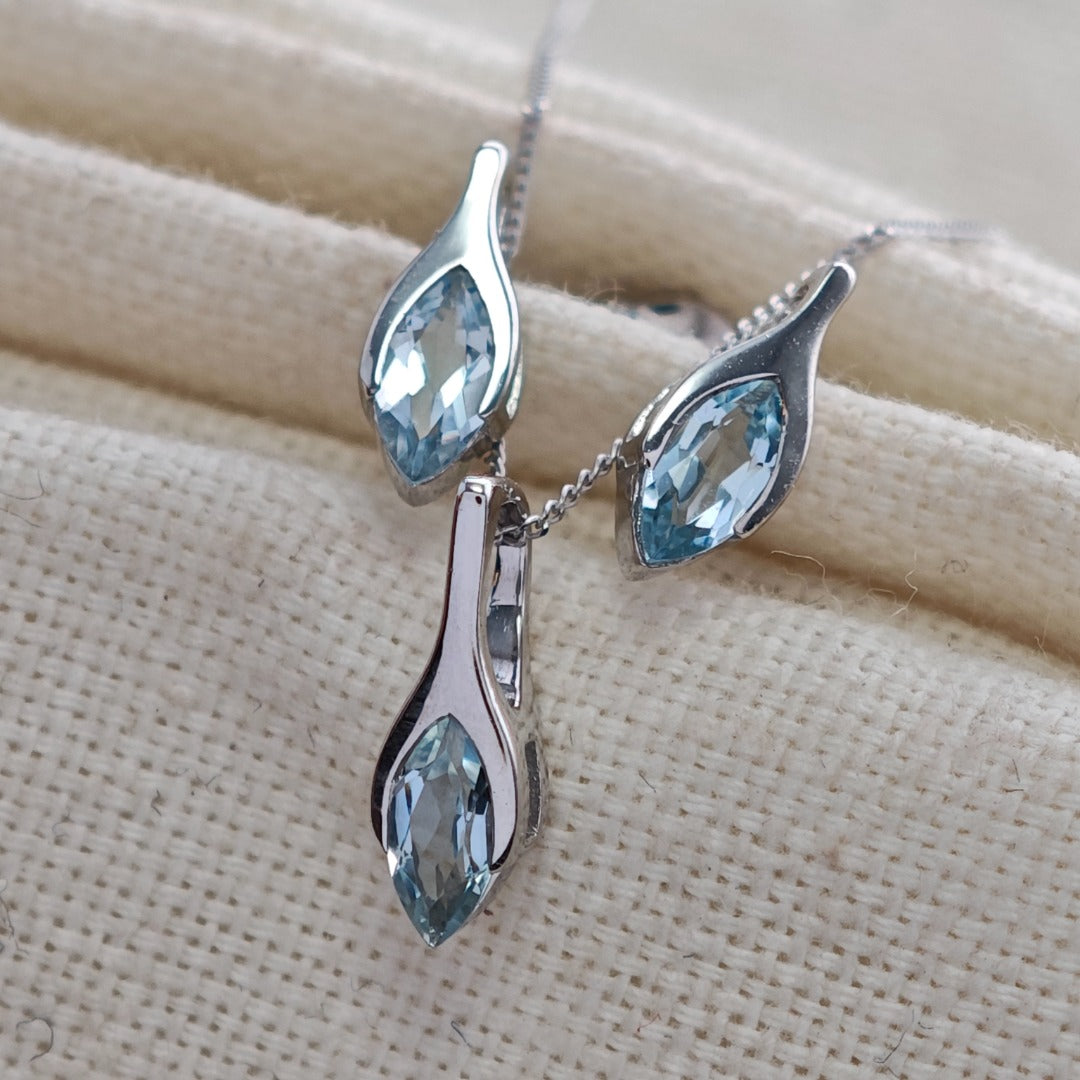 9ct White Gold Aquamarine Set Pendant Earrings Minimalist Marquise