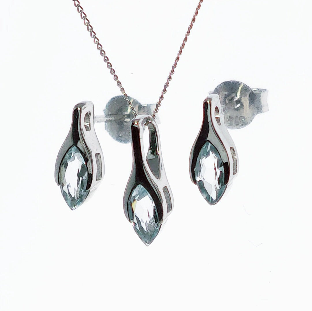 9ct White Gold Aquamarine Set Pendant Earrings Minimalist Marquise