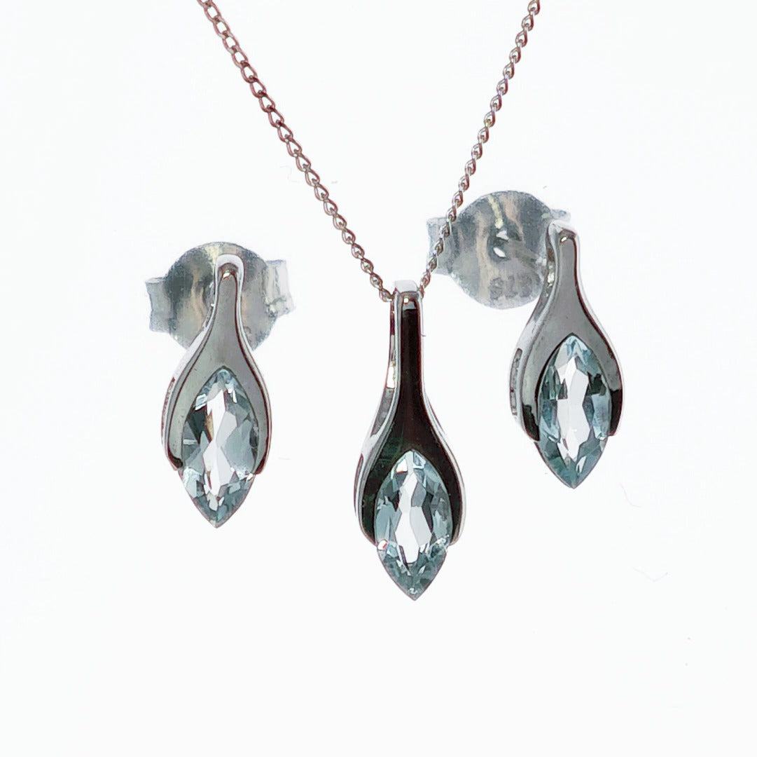 9ct White Gold Aquamarine Set Pendant Earrings Minimalist Marquise