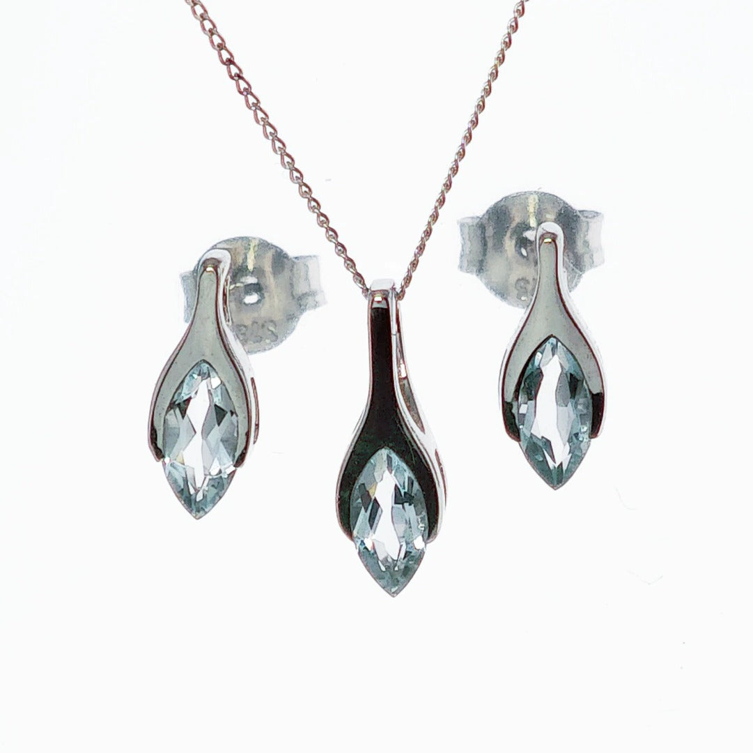 9ct white gold aquamarine set pendant earrings minimalist marquise designed in the UK