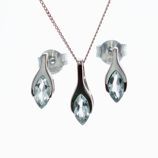 9ct White Gold Aquamarine Set Pendant Earrings Minimalist Marquise