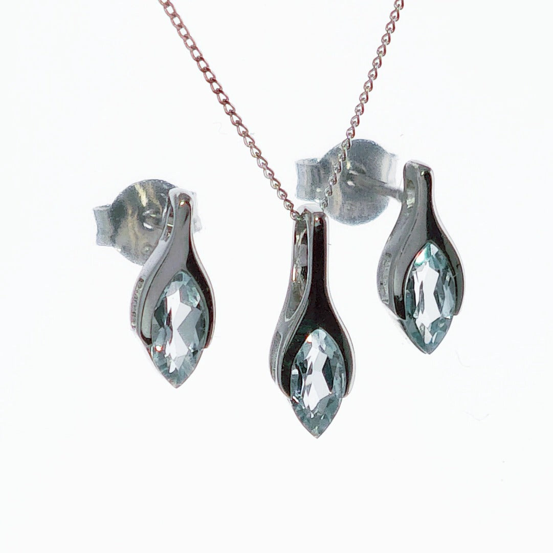 9ct White Gold Aquamarine Set Pendant Earrings Minimalist Marquise
