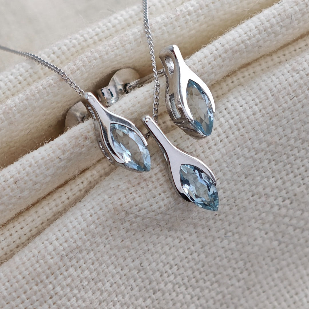 9ct White Gold Aquamarine Set Pendant Earrings Minimalist Marquise