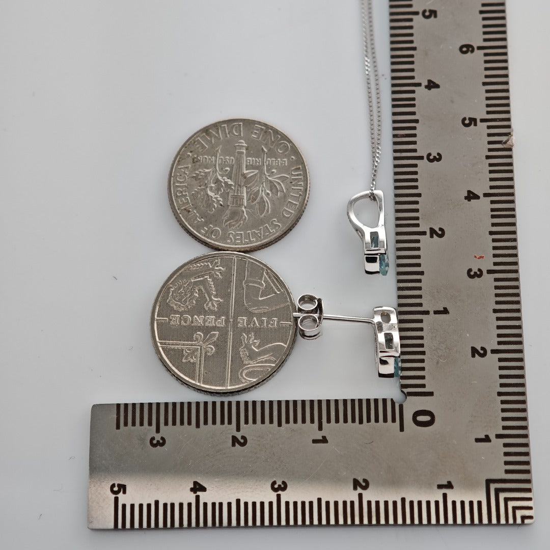 9ct White Gold Aquamarine Set Pendant Earrings Minimalist Marquise