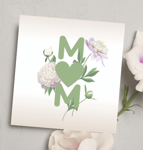Card with 'MOM' design featuring flowers on a light gray background