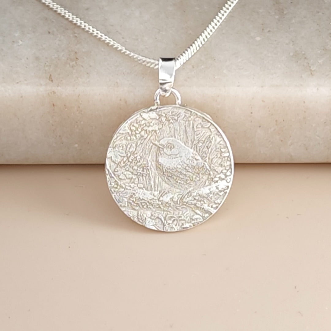 Wren Engraved Sterling Silver Coin Necklace