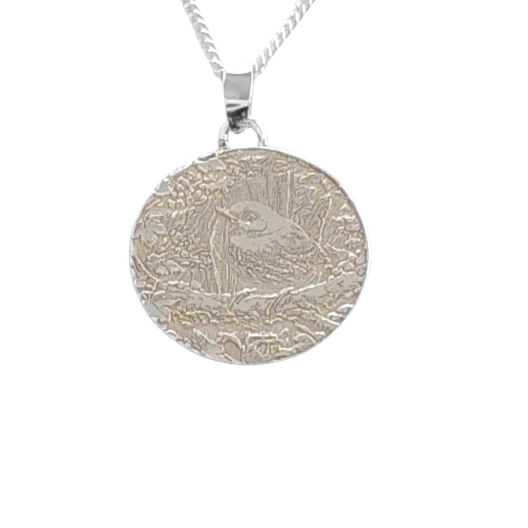 silver wren coin necklace pendant engrave option personalise designed in the UK