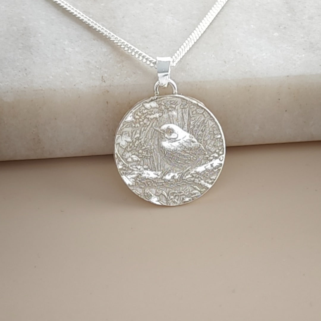 Wren Engraved Sterling Silver Coin Necklace