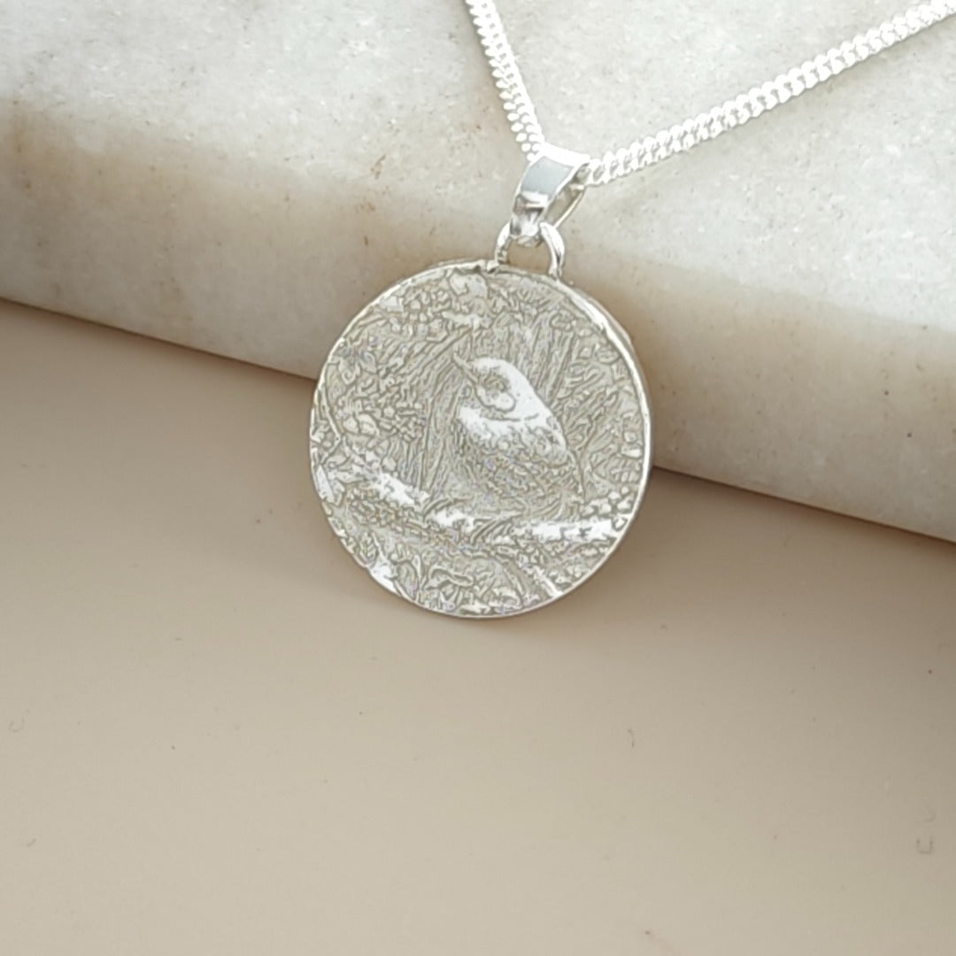 Wren Engraved Sterling Silver Coin Necklace