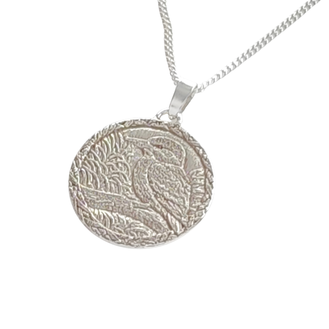 Kingfisher Engraved Sterling Silver Coin Necklace