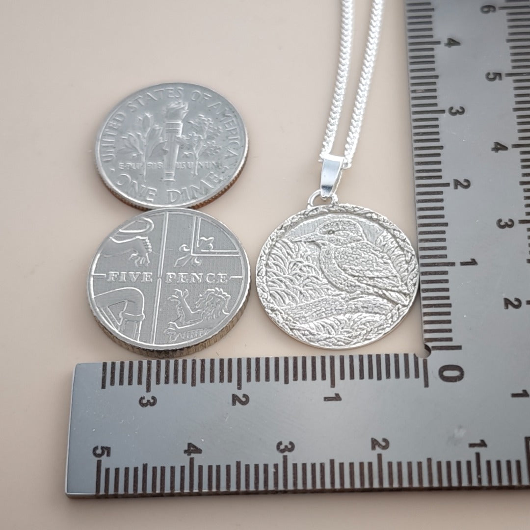 Kingfisher Engraved Sterling Silver Coin Necklace