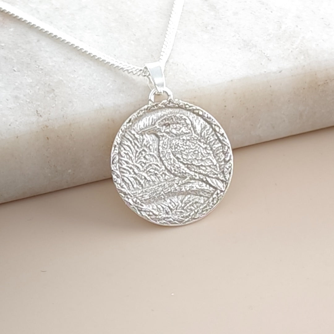 Kingfisher Engraved Sterling Silver Coin Necklace