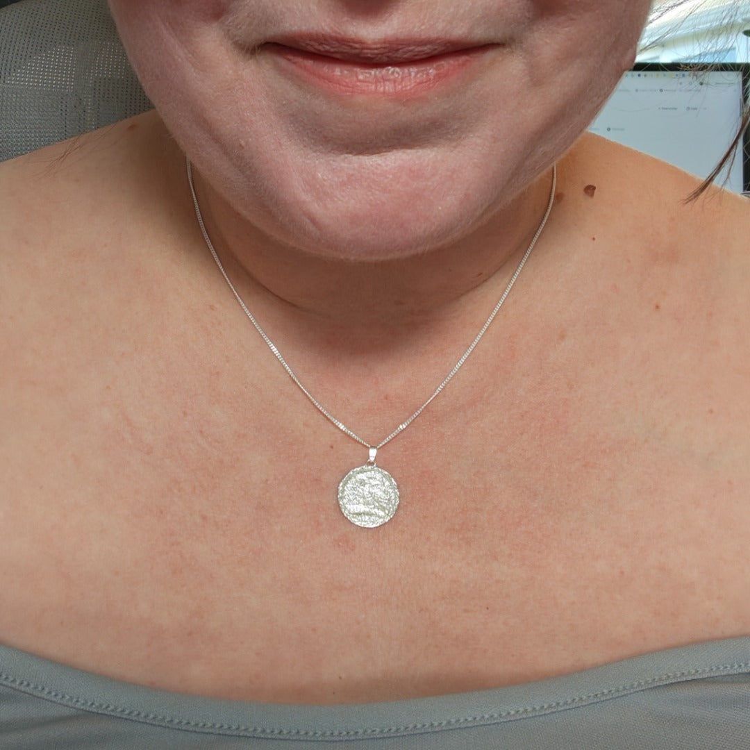 Kingfisher Engraved Sterling Silver Coin Necklace