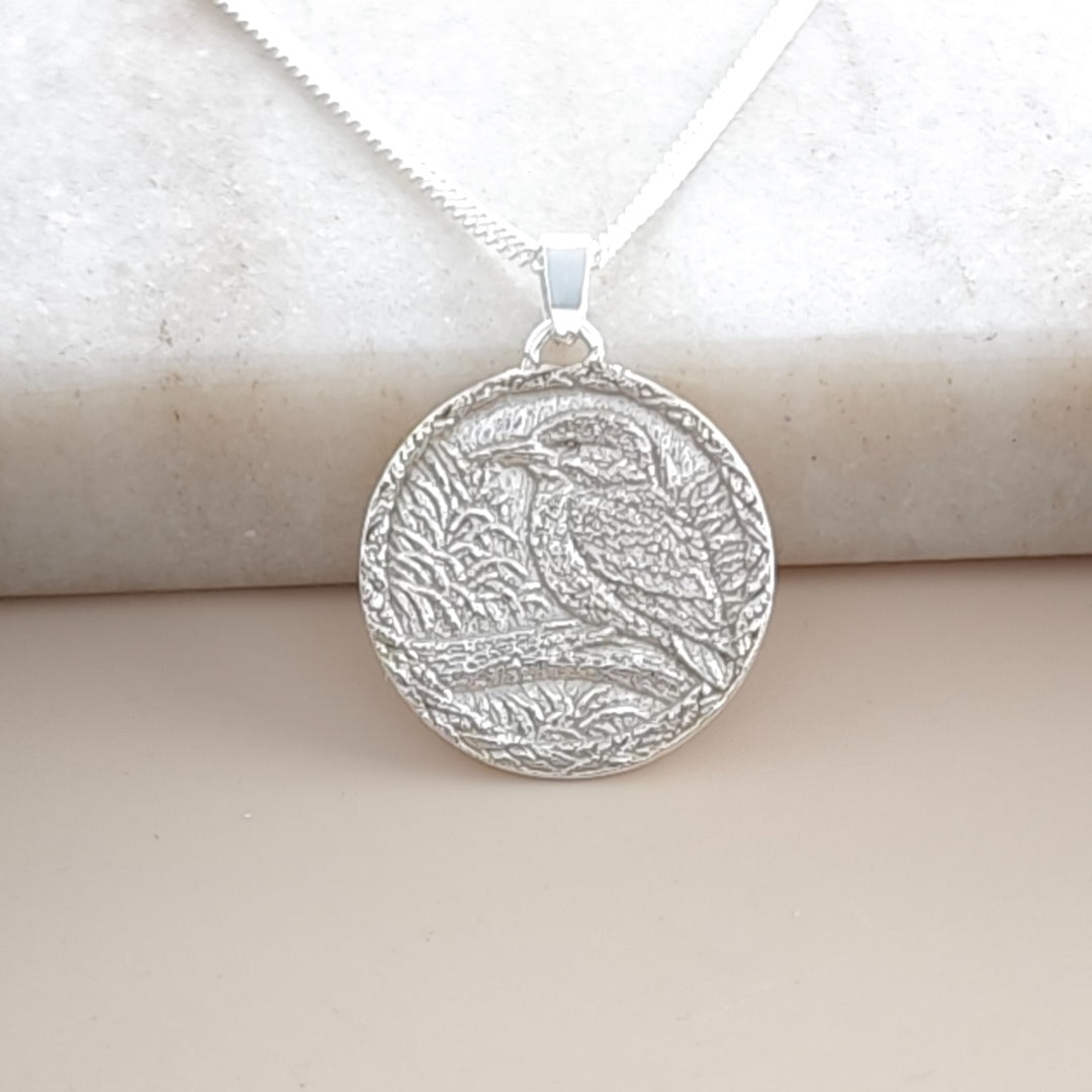 Kingfisher Engraved Sterling Silver Coin Necklace