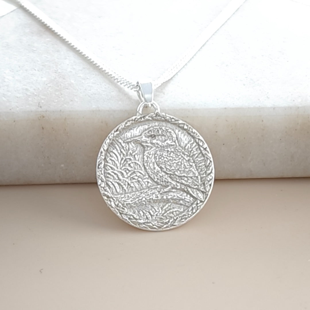 Kingfisher Engraved Sterling Silver Coin Necklace