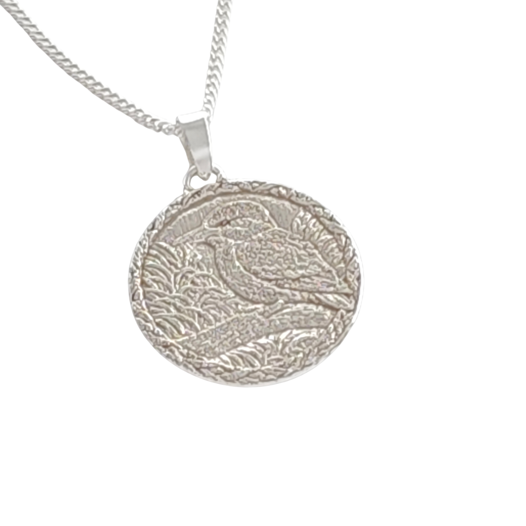 Kingfisher Engraved Sterling Silver Coin Necklace
