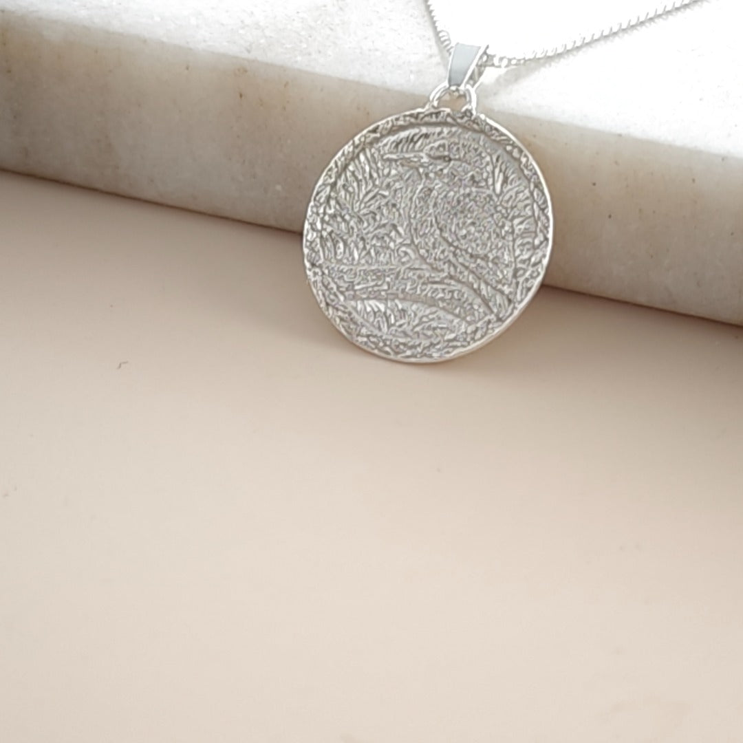Kingfisher Engraved Sterling Silver Coin Necklace