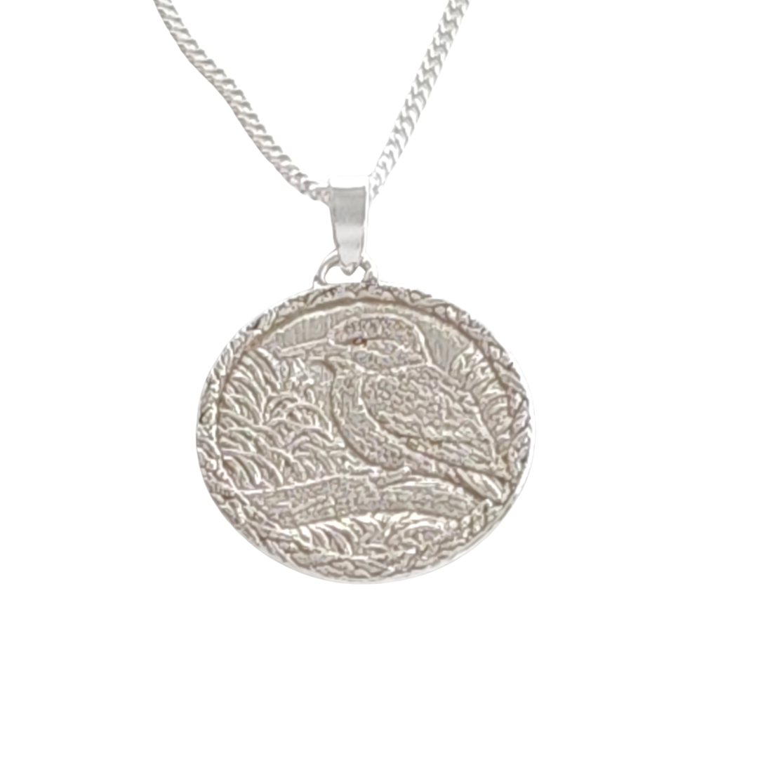 silver kingfisher coin necklace pendant engrave option personalise designed in the UK