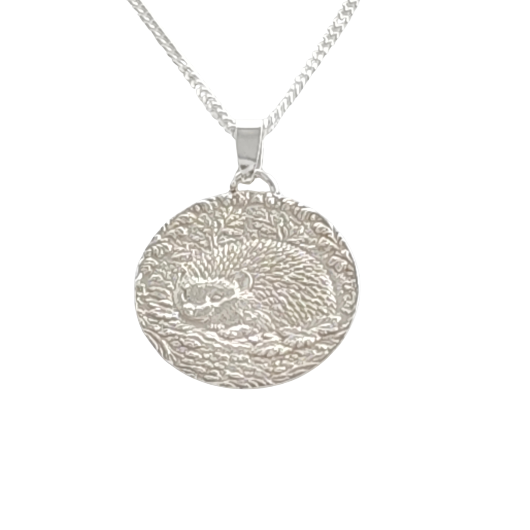 silver hedgehog coin necklace pendant engrave option personalise designed in the UK