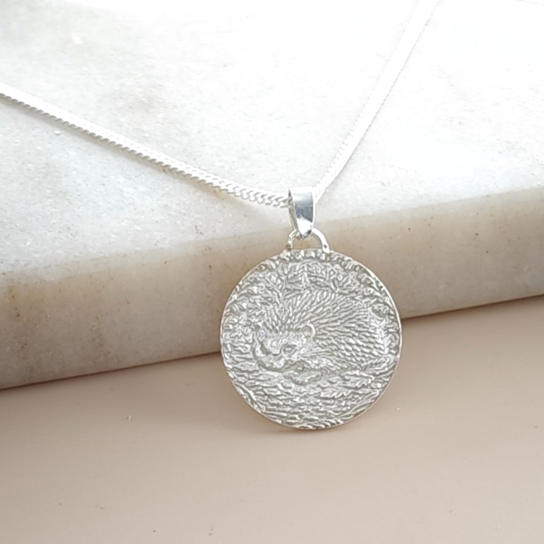 Hedgehog Engraved Sterling Silver Coin Necklace