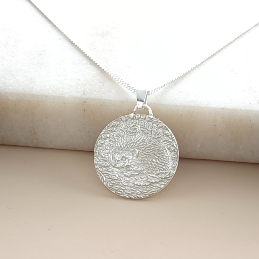 Hedgehog Engraved Sterling Silver Coin Necklace