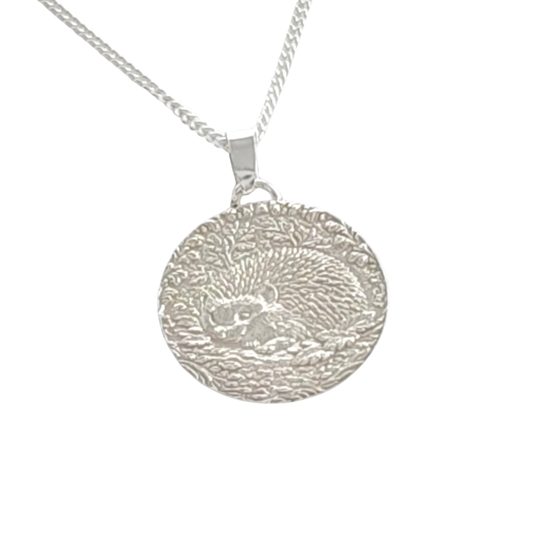 Hedgehog Engraved Sterling Silver Coin Necklace