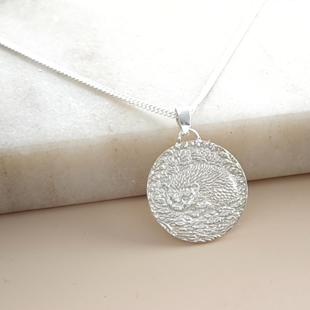 Hedgehog Engraved Sterling Silver Coin Necklace