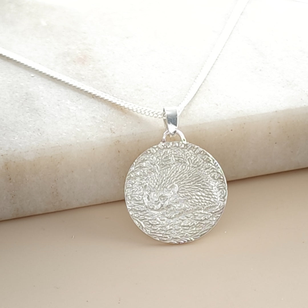 Hedgehog Engraved Sterling Silver Coin Necklace