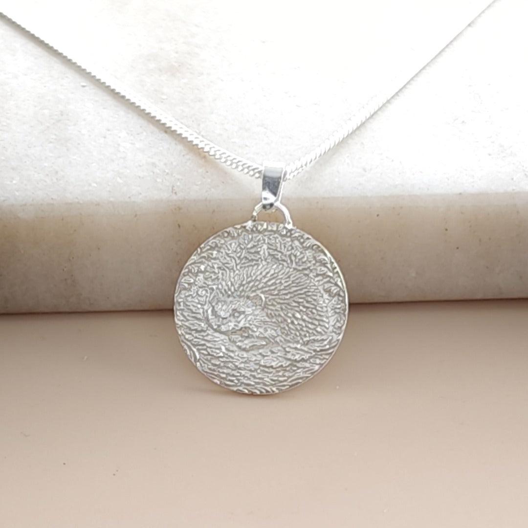 Hedgehog Engraved Sterling Silver Coin Necklace