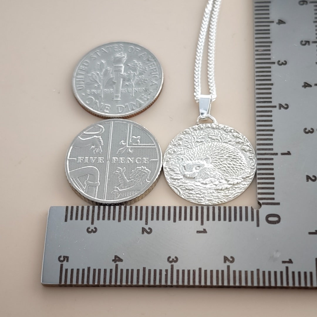 Hedgehog Engraved Sterling Silver Coin Necklace