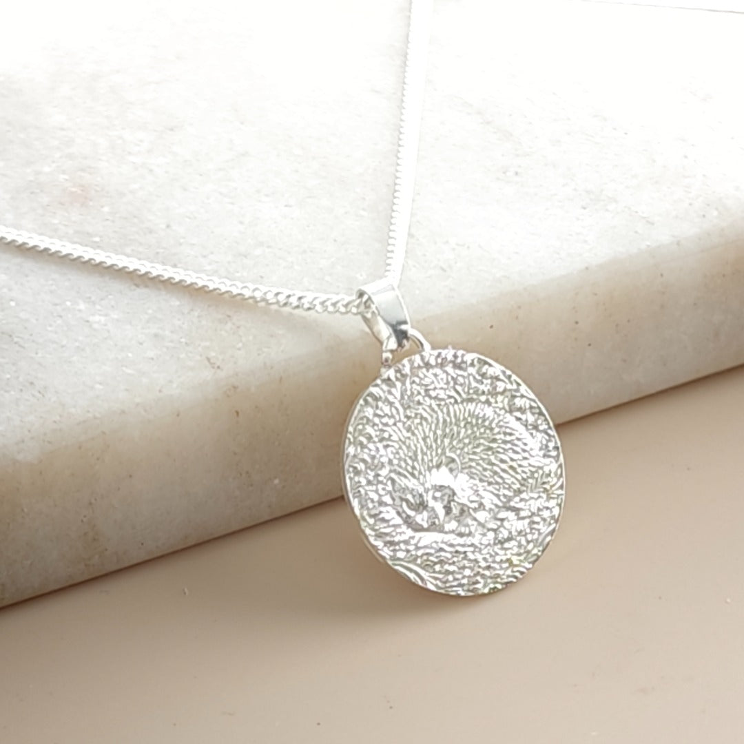 Hedgehog Engraved Sterling Silver Coin Necklace