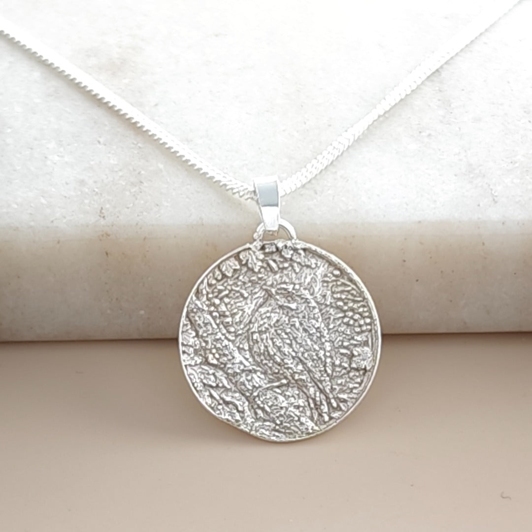 Robin Engraved Sterling Silver Coin Necklace