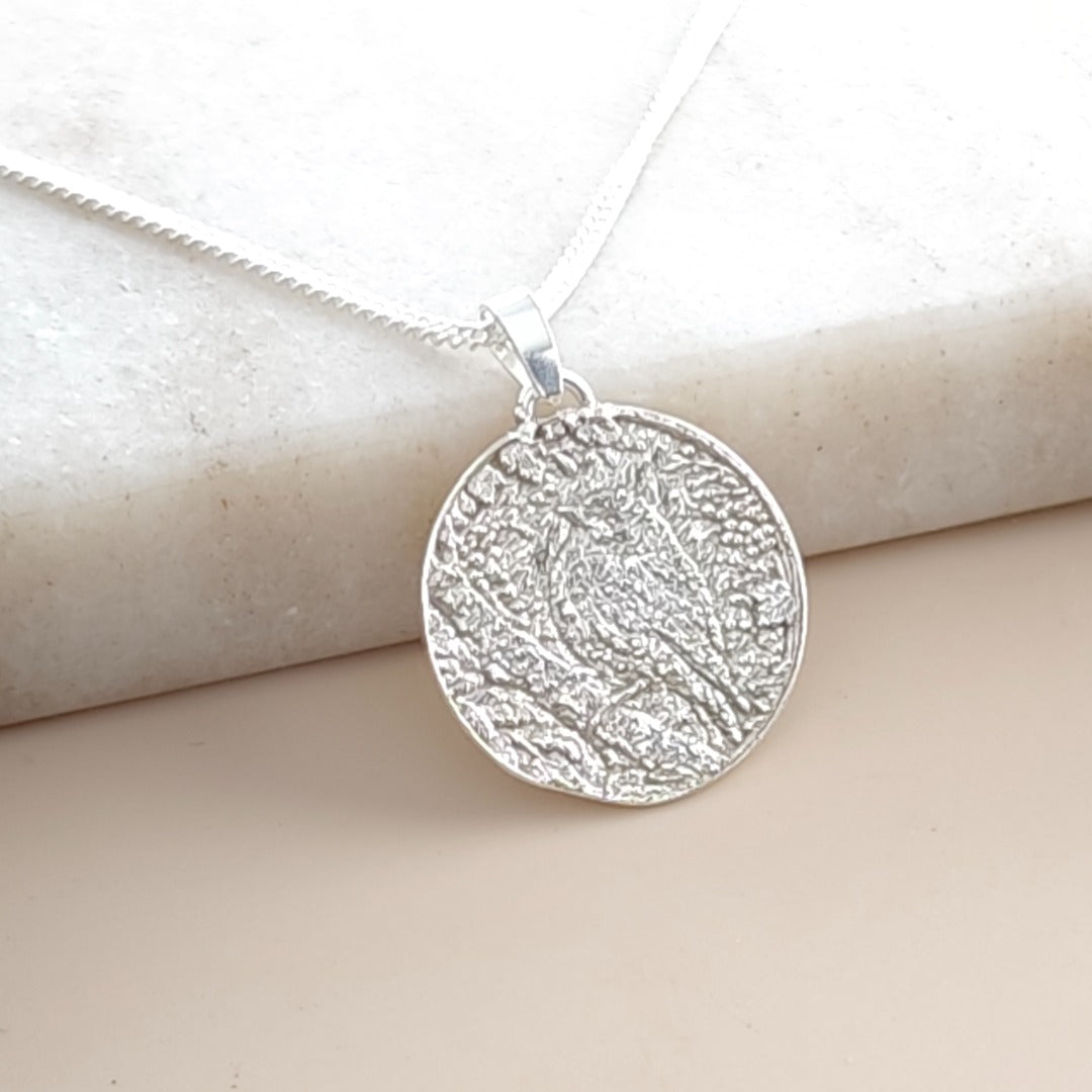 Robin Engraved Sterling Silver Coin Necklace