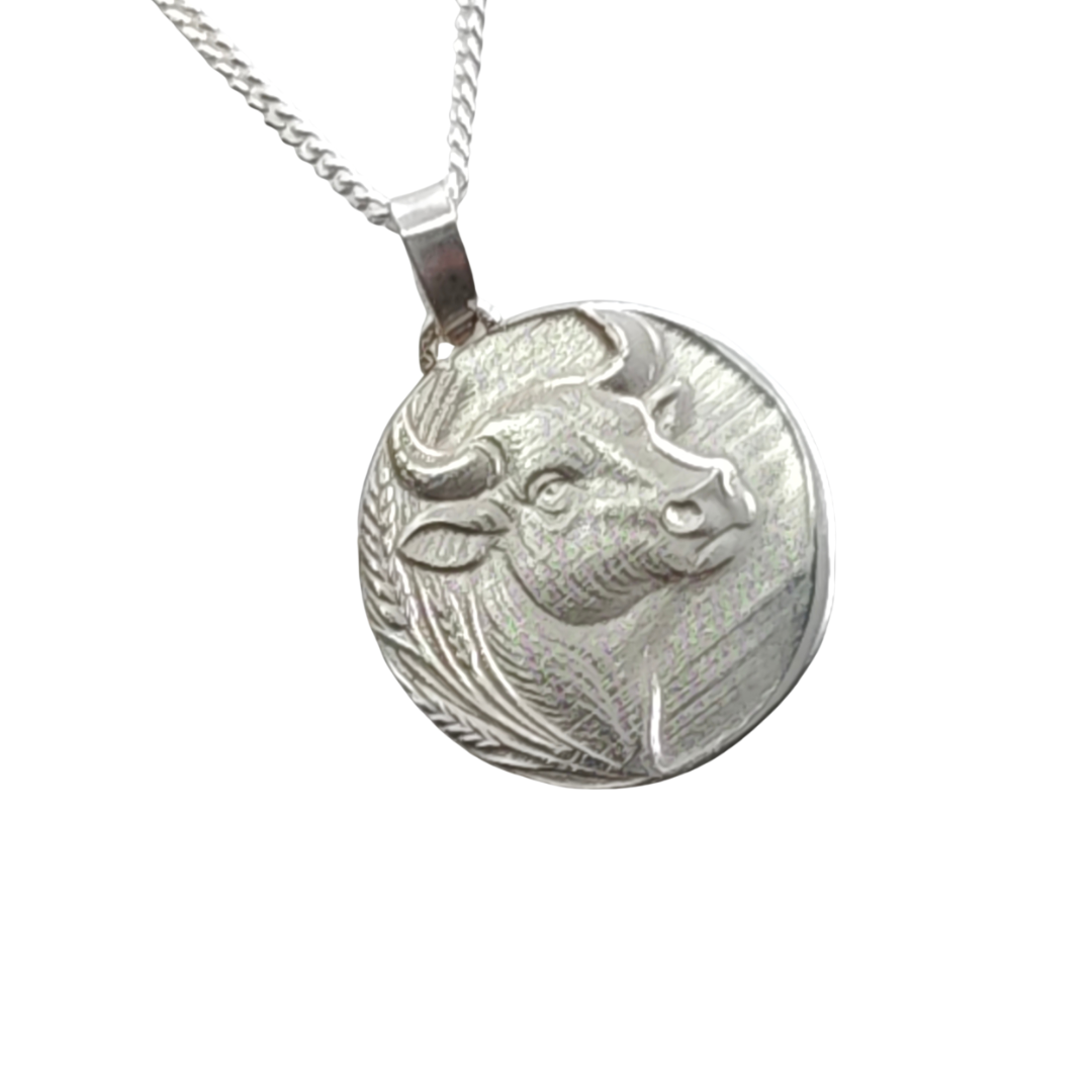 Taurus Bull Zodiac Coin Necklace – Deep Engraved Recycled Sterling Silver
