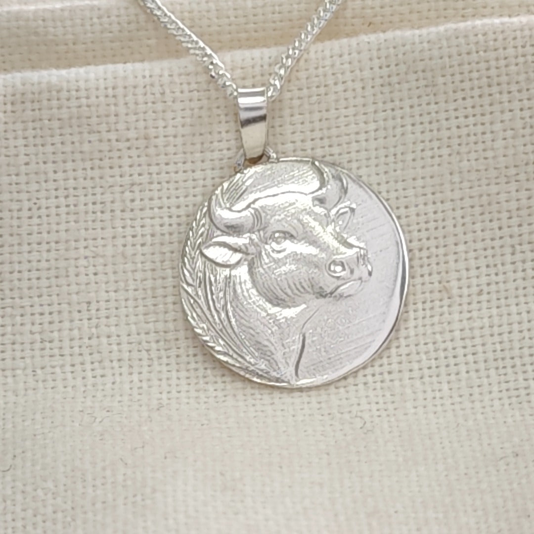 Taurus Bull Zodiac Coin Necklace – Deep Engraved Recycled Sterling Silver