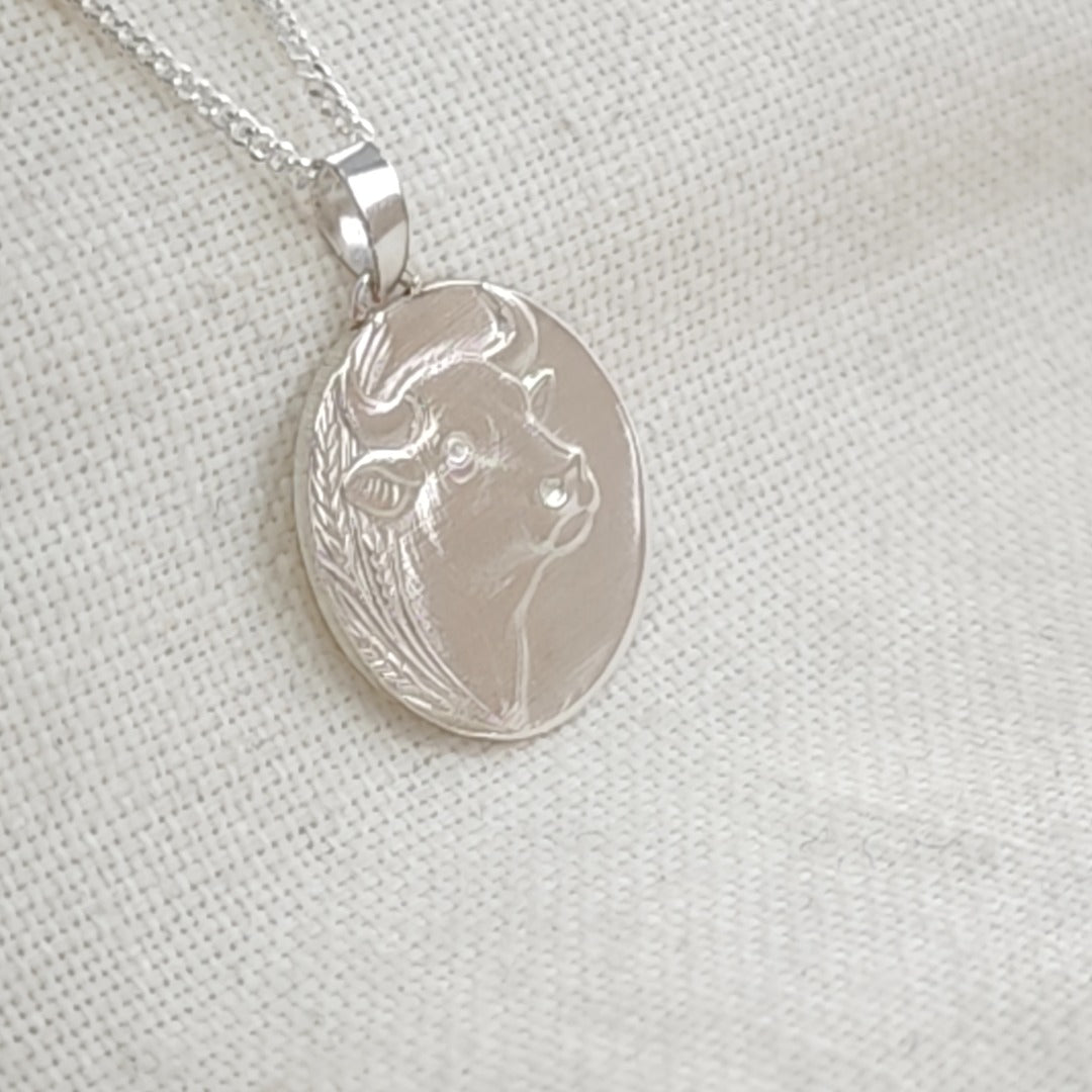 Taurus Bull Zodiac Coin Necklace – Deep Engraved Recycled Sterling Silver