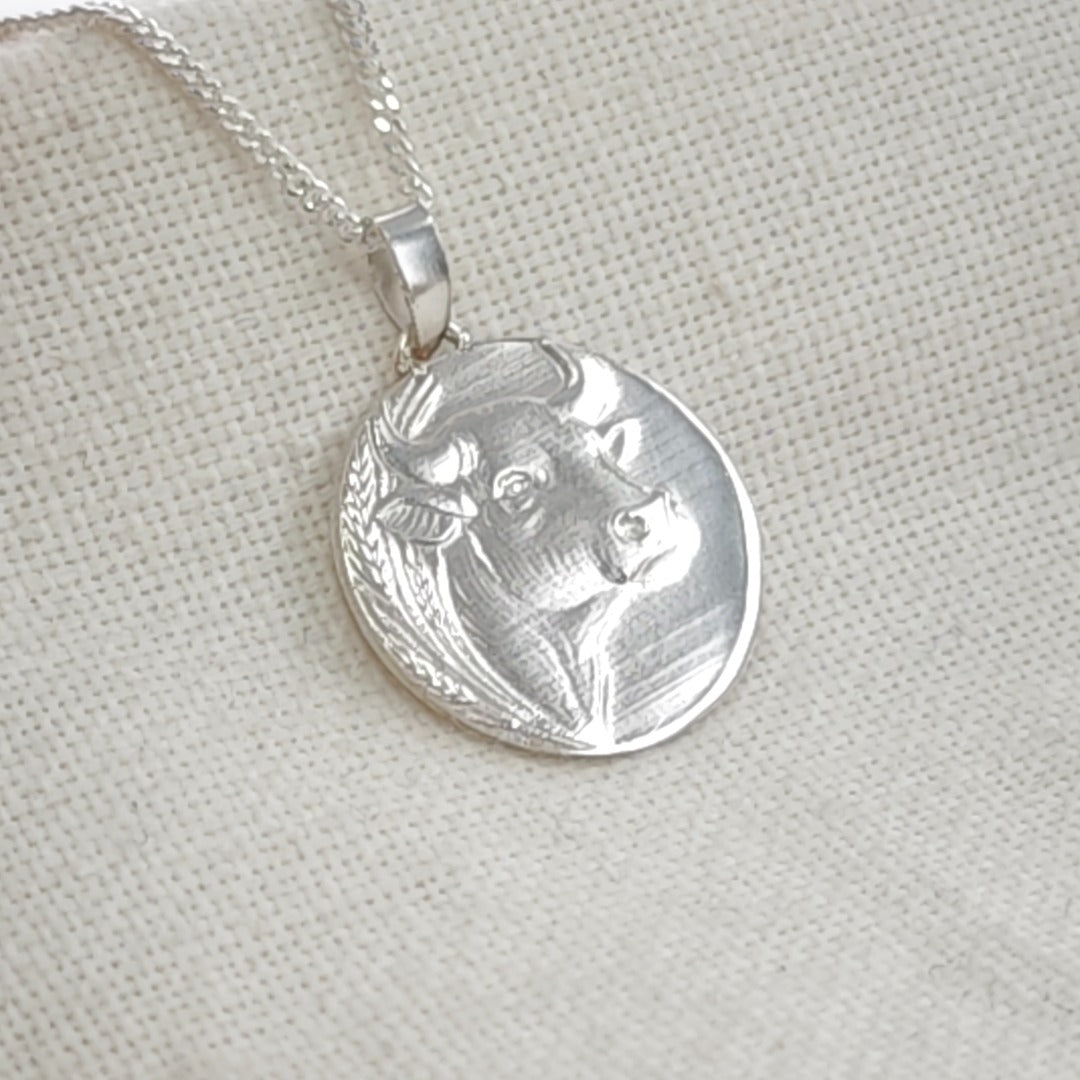 Taurus Bull Zodiac Coin Necklace – Deep Engraved Recycled Sterling Silver