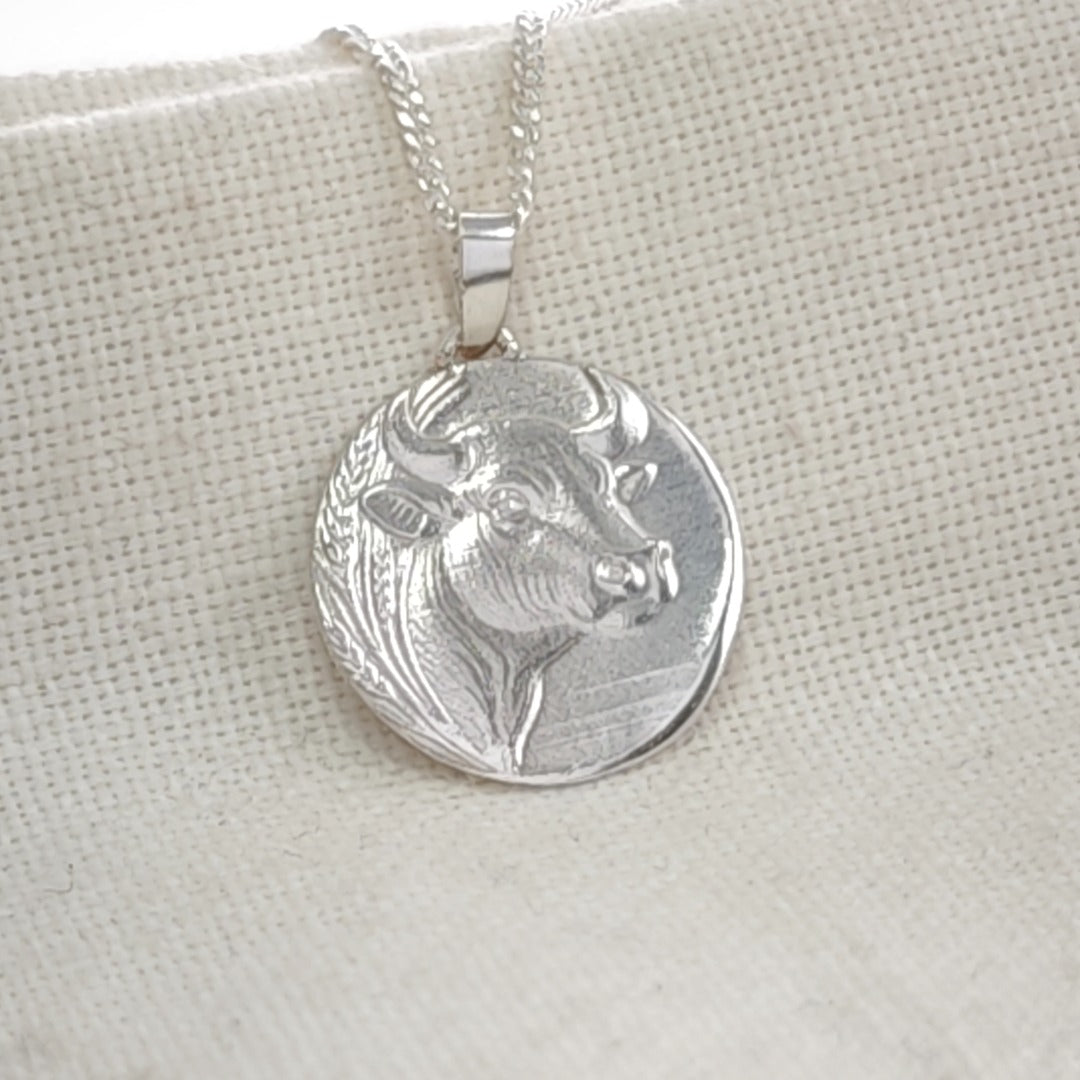 Taurus Bull Zodiac Coin Necklace – Deep Engraved Recycled Sterling Silver