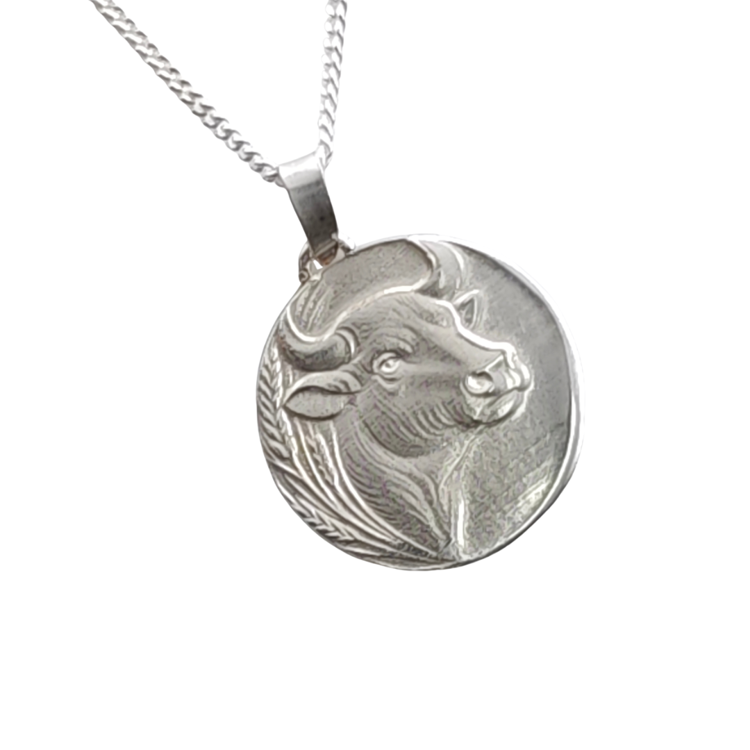 Taurus Bull Zodiac Coin Necklace – Deep Engraved Recycled Sterling Silver