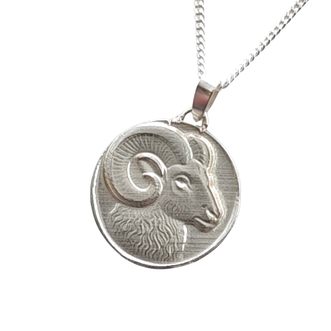 Aries Ram Zodiac Coin Necklace – Deep Engraved Recycled Sterling Silver