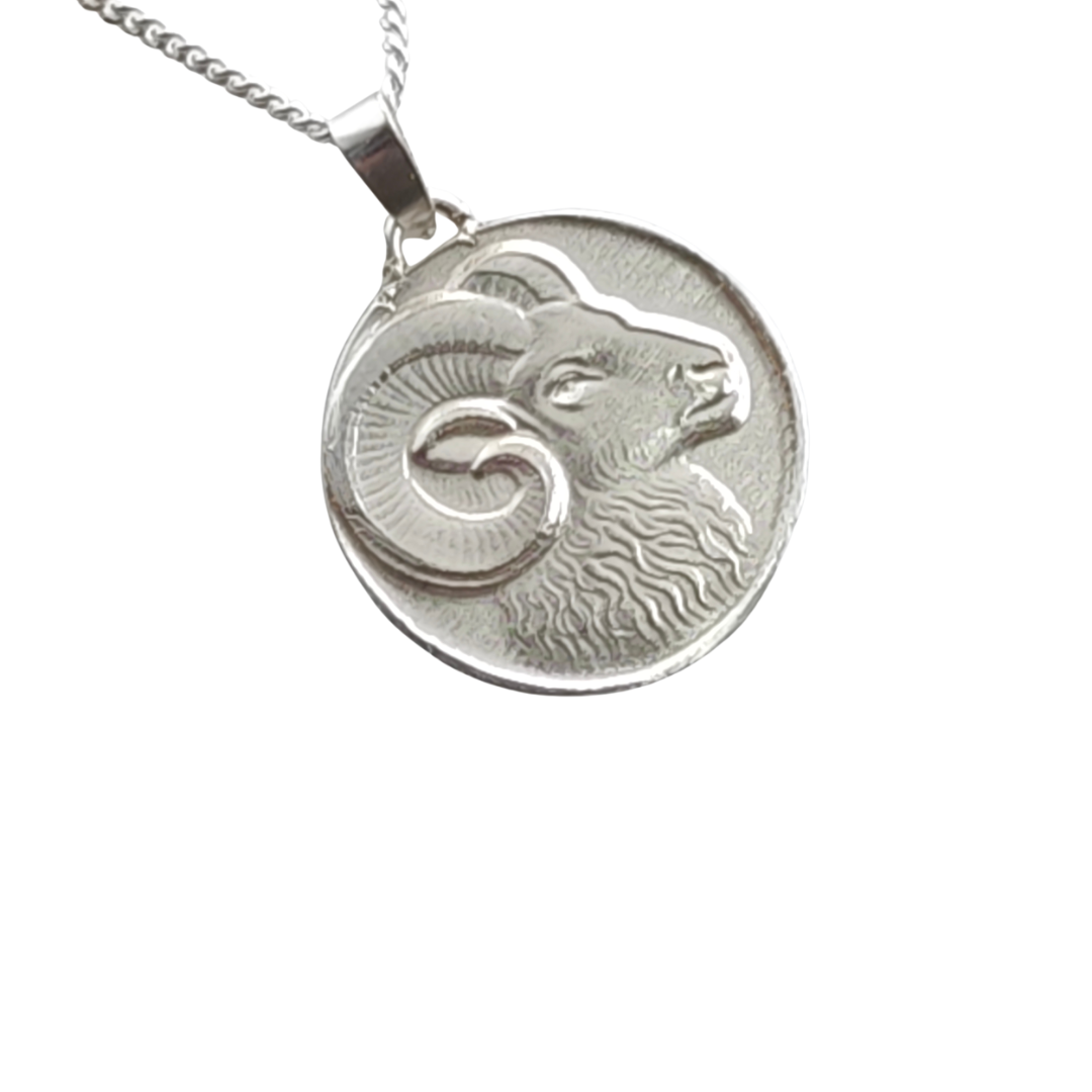 Aries Ram Zodiac Coin Necklace – Deep Engraved Recycled Sterling Silver
