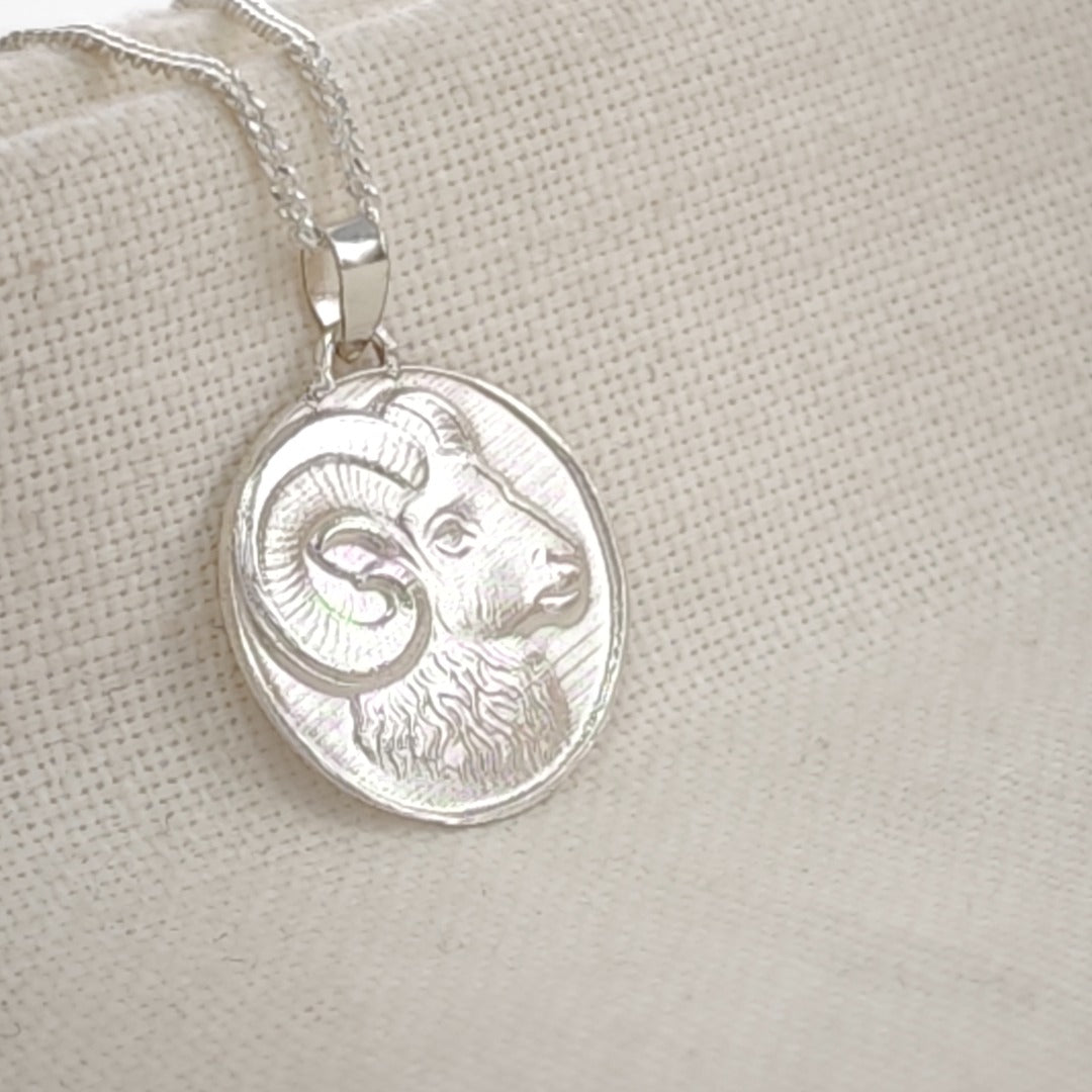 Aries Ram Zodiac Coin Necklace – Deep Engraved Recycled Sterling Silver