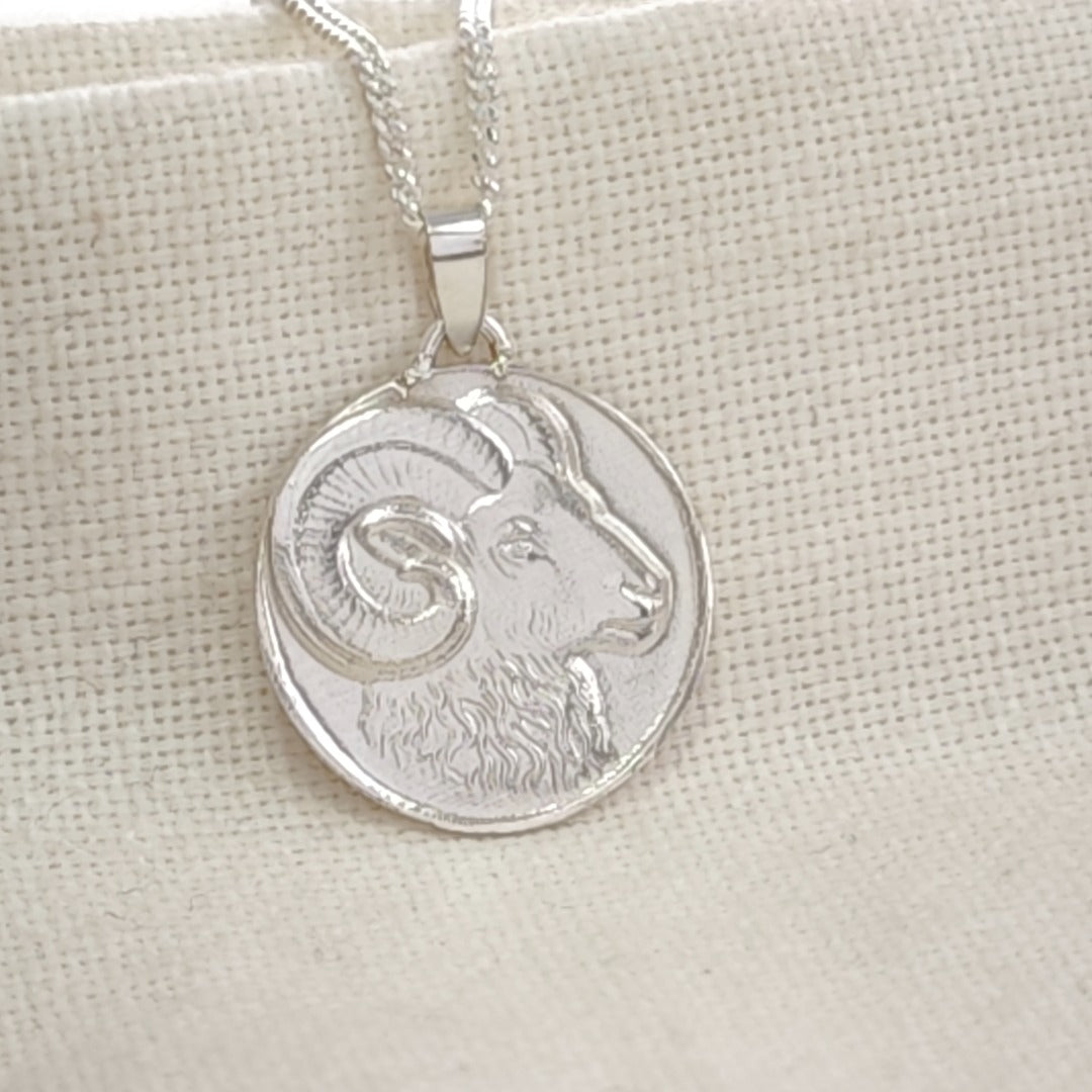 Aries Ram Zodiac Coin Necklace – Deep Engraved Recycled Sterling Silver
