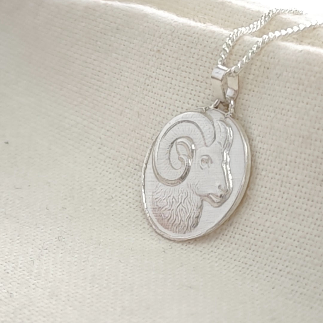 Aries Ram Zodiac Coin Necklace – Deep Engraved Recycled Sterling Silver