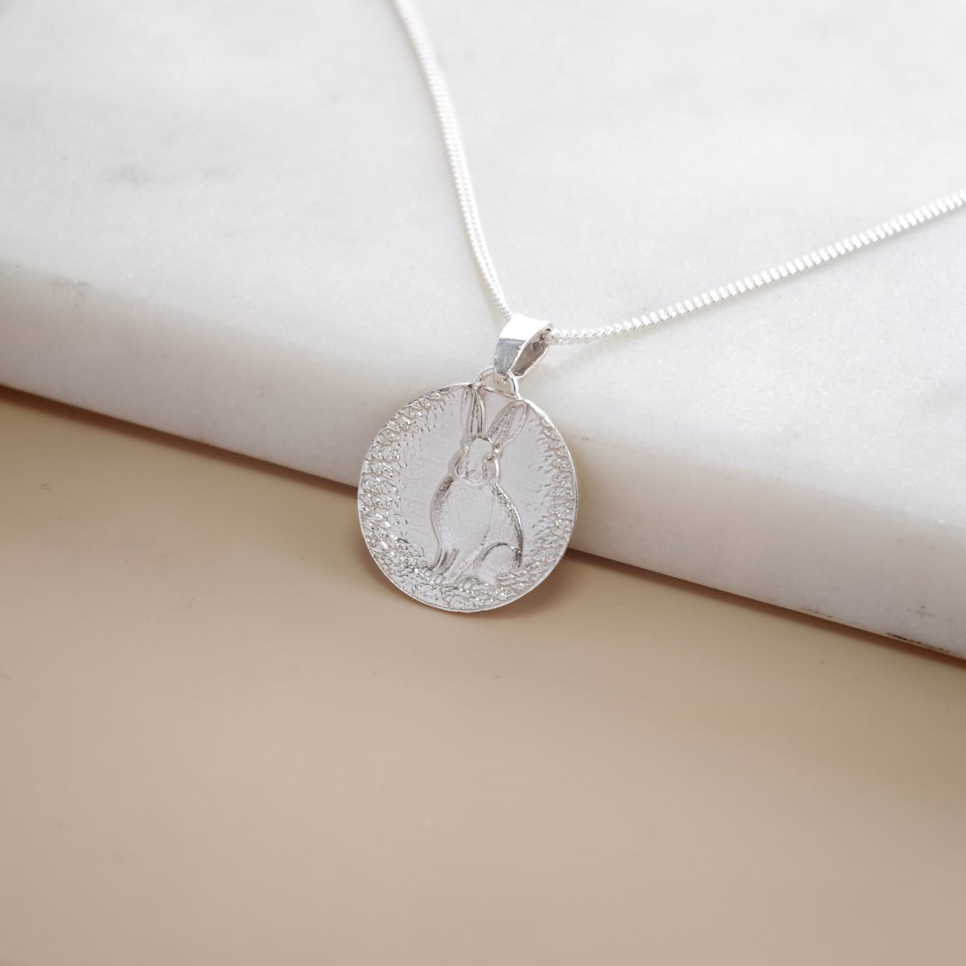 Hare Engraved Sterling Silver Coin Necklace