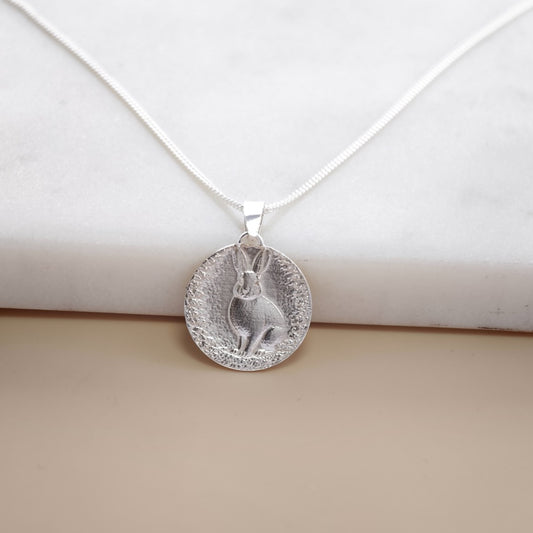 Hare Engraved Sterling Silver Coin Necklace