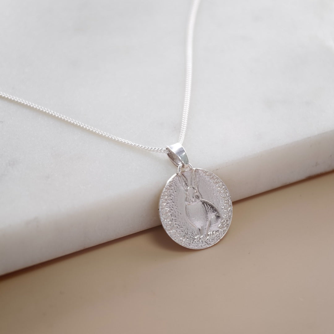 Hare Engraved Sterling Silver Coin Necklace