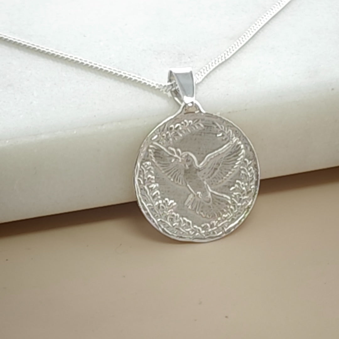 Dove Engraved Sterling Silver Coin Necklace