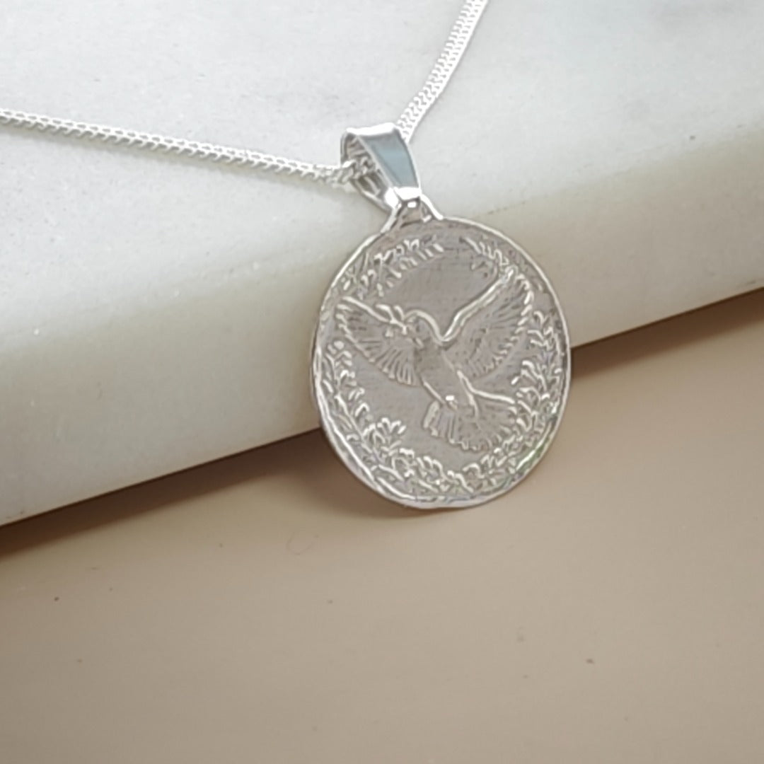 Dove Engraved Sterling Silver Coin Necklace