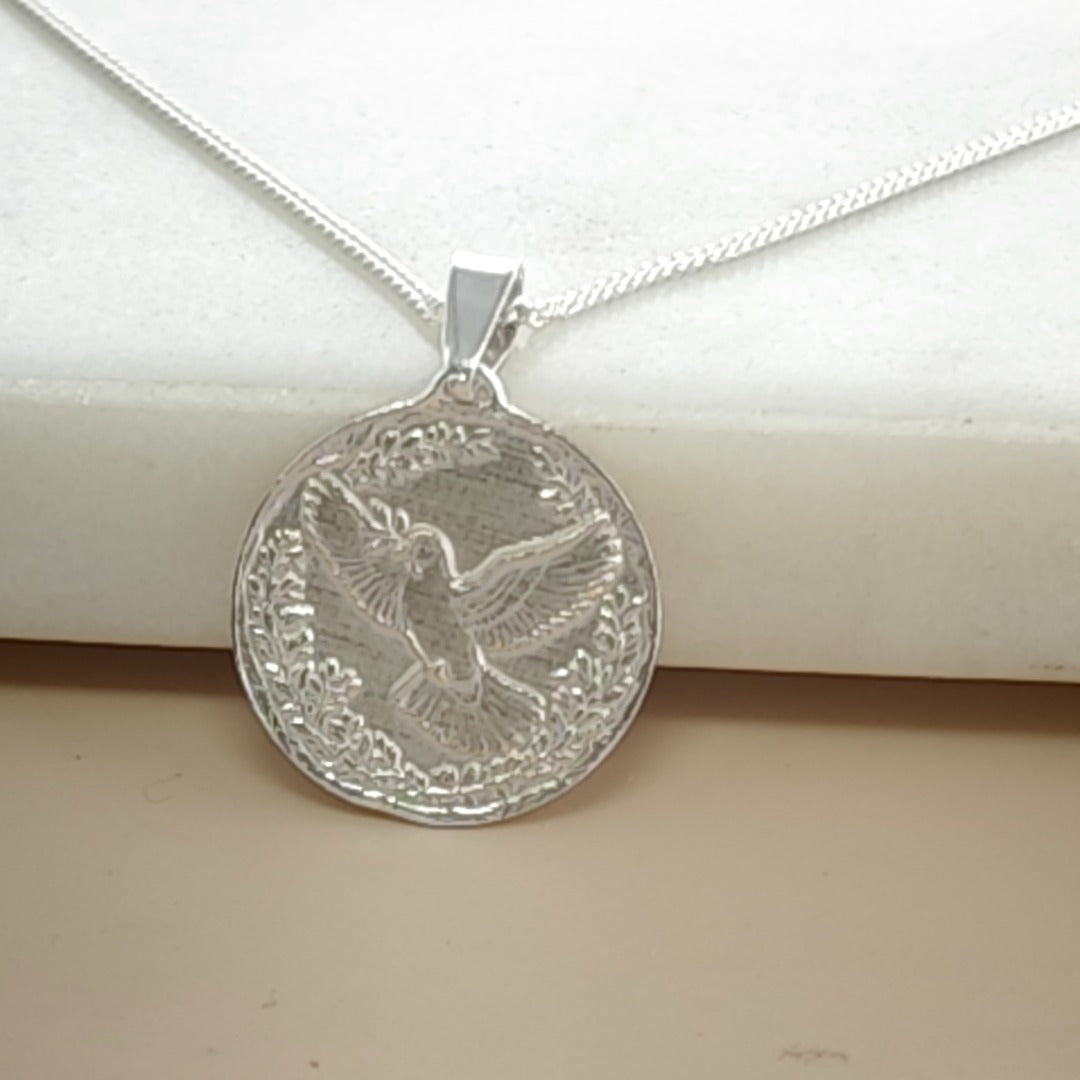 Dove Engraved Sterling Silver Coin Necklace